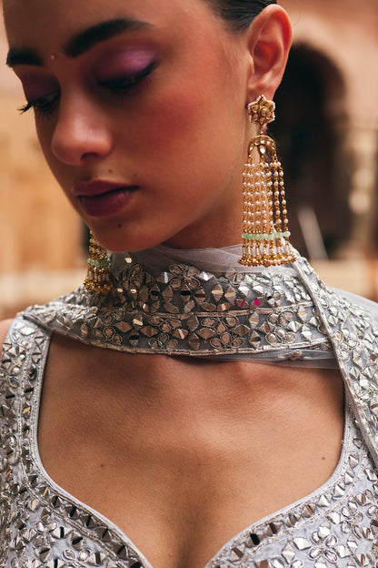Gold Finish Pachi Kundan Polki & Pearl Dangler Earrings