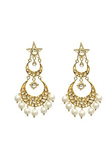 Gold Finish Kundan Polki & Pearl Chandbali Earrings