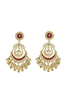 Gold Finish Kundan Polki & Ruby Chandbali Earrings