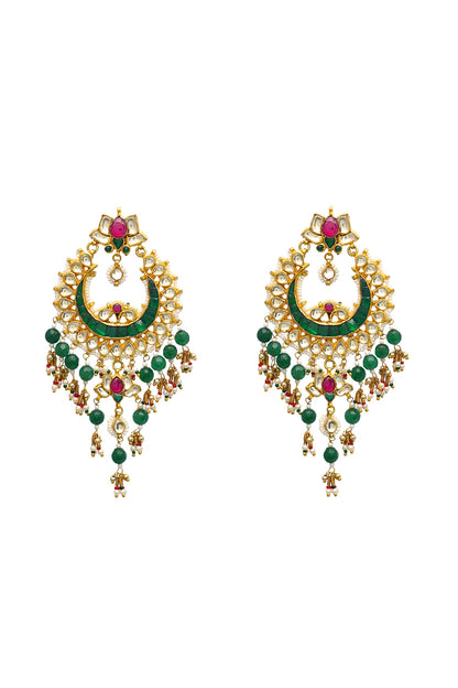 Gold Finish Kundan Polki & Green Onyx Beaded Chandbali Earrings