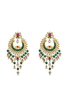 Gold Finish Kundan Polki & Green Onyx Beaded Chandbali Earrings