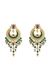 Gold Finish Kundan Polki & Green Onyx Beaded Chandbali Earrings