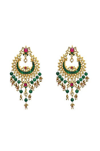 Gold Finish Kundan Polki & Green Onyx Beaded Chandbali Earrings