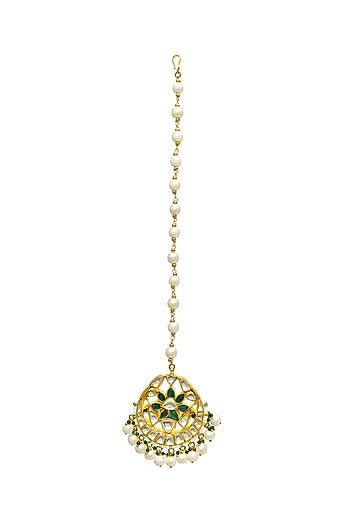 Gold Finish Kundan Polki & Pearl Maang Tikka