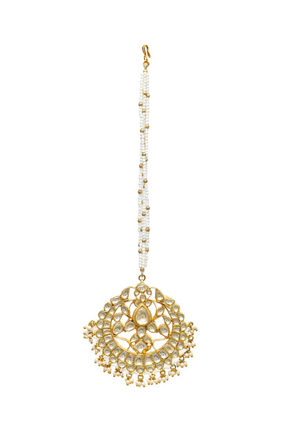 Gold Finish Kundan Polki & Pearl Maang Tikka