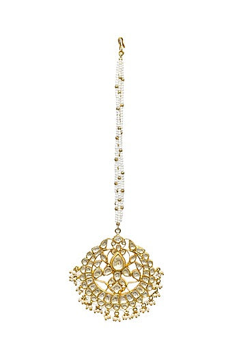 Gold Finish Kundan Polki & Pearl Maang Tikka