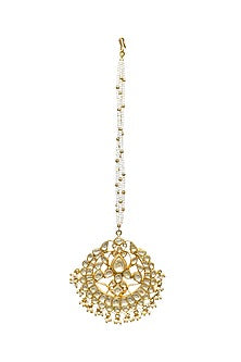 Gold Finish Kundan Polki & Pearl Maang Tikka