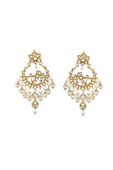Gold Finish Kundan Polki & Pearl Chandbali Earrings
