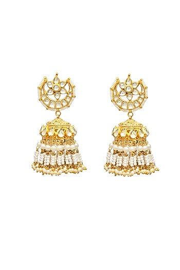 Gold Finish Kundan Polki & Jadau Jhumka Earrings