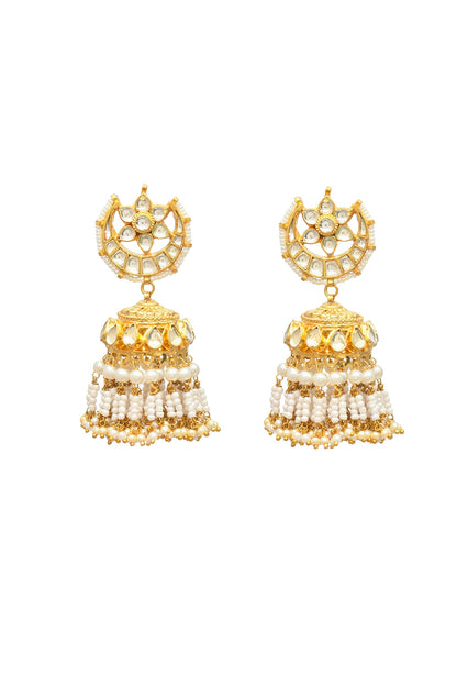 Gold Finish Kundan Polki & Jadau Jhumka Earrings