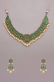 Gold Finish Kundan Polki & Green Jadau Drop Necklace Set