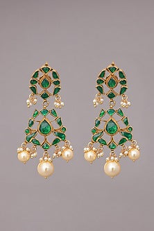 Gold Finish Kundan Polki & Green Jadau Drop Necklace Set