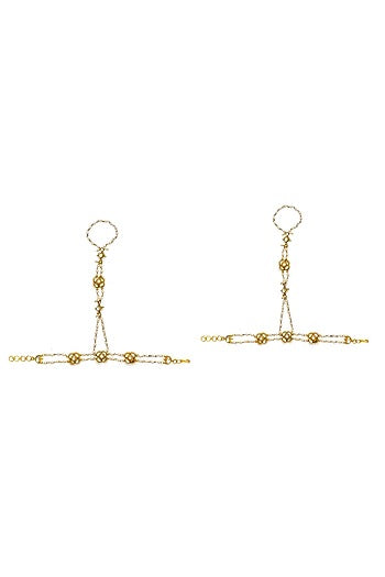 Gold Finish Kundan Polki & Pearl Hathphool (Set Of 2)