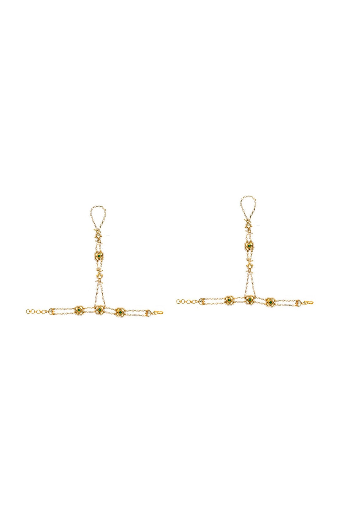 Gold Finish Kundan Polki & Green Jadau Hathphool (Set Of 2)