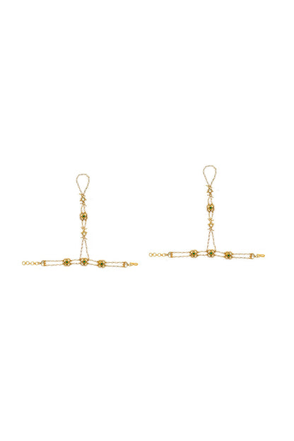 Gold Finish Kundan Polki & Green Jadau Hathphool (Set Of 2)