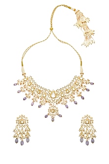 Gold Finish Kundan Polki & Amethyst Beaded Handmade Jadau Necklace Set