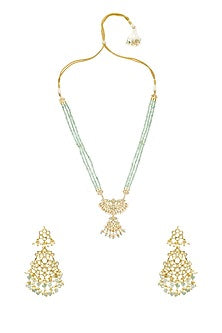 Gold Finish Kundan Polki & Onyx Beaded Handmade Jadau Long Necklace Set