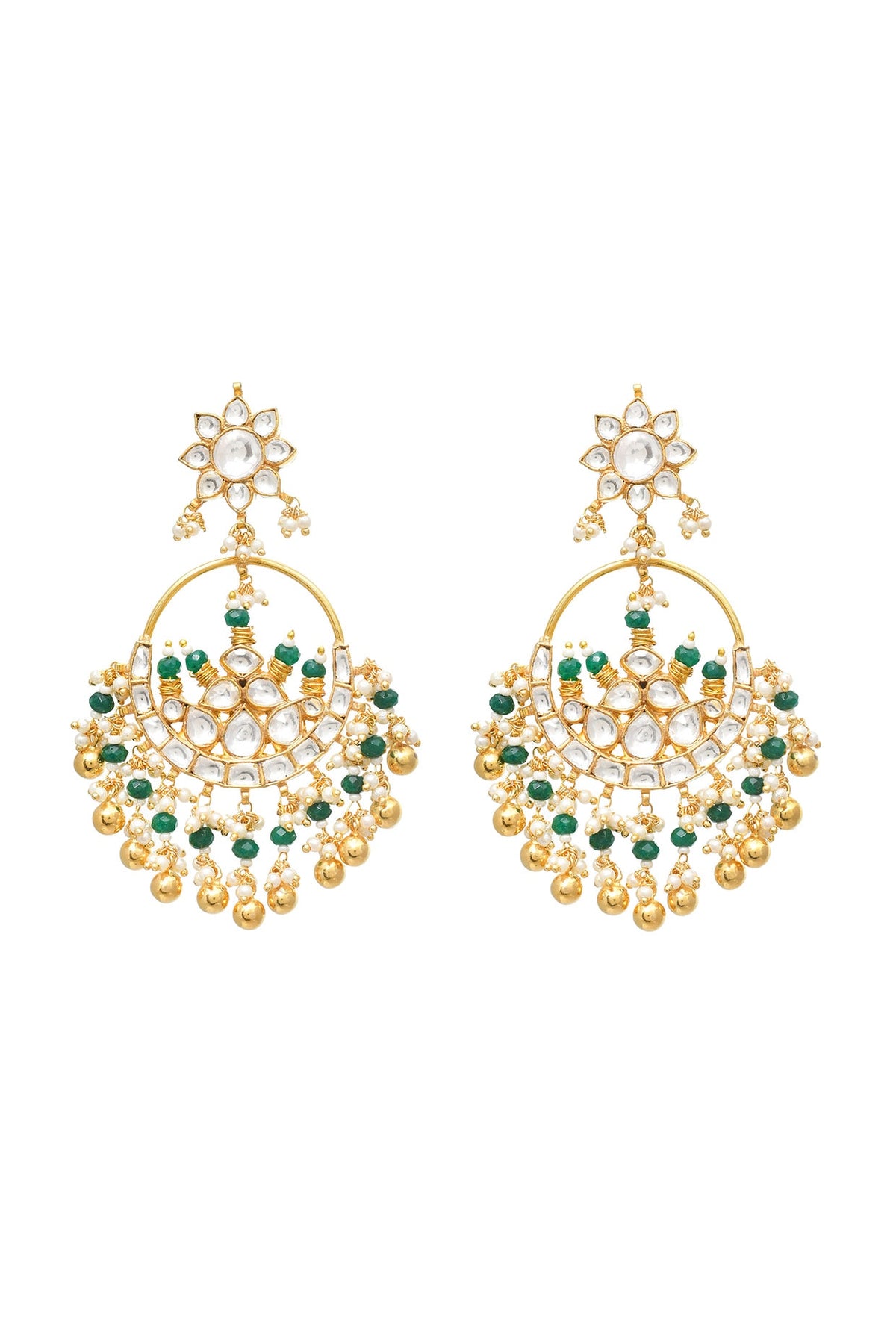 Gold Finish Kundan Polki & Onyx Beaded Handmade Jadau Chandbali Earrings