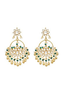 Gold Finish Kundan Polki & Onyx Beaded Handmade Jadau Chandbali Earrings