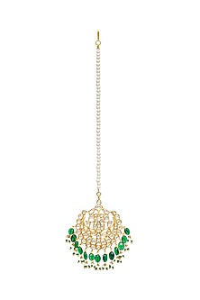 Gold Finish Kundan Polki & Pearl Handmade Jadau Maangtikka