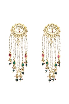 Gold Finish Kundan Polki & Pearl Handmade Jadau Dangler Earrings