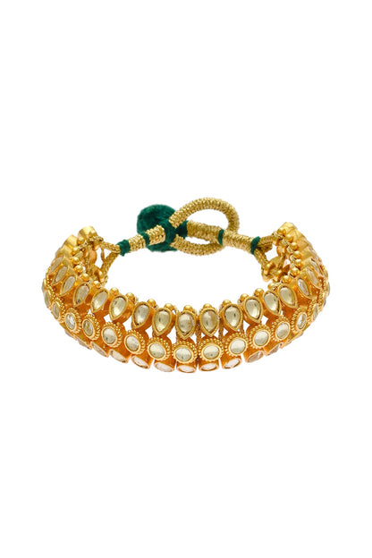Gold Finish Kundan Polki & Pearl Adjustable Jadau Bangle