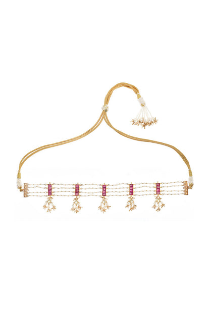 Gold Finish Red Kundan Polki & Pearl Handmade Jadau Choker Necklace