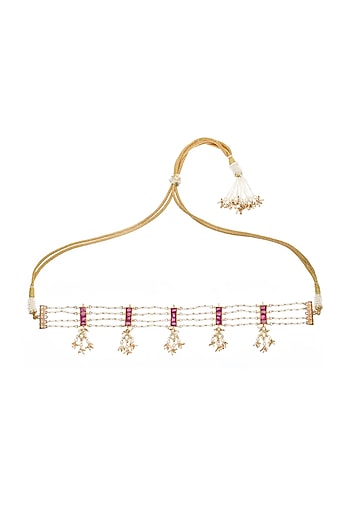 Gold Finish Red Kundan Polki & Pearl Handmade Jadau Choker Necklace