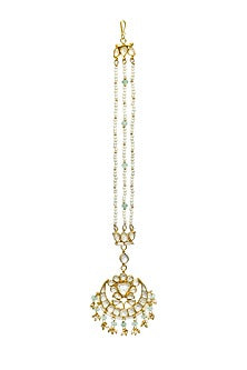Gold Finish Kundan Polki & Pearl Handmade Jadau Maangtikka