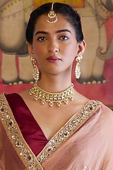 Gold Finish Kundan Polki & Pearl Handmade Jadau Maangtikka