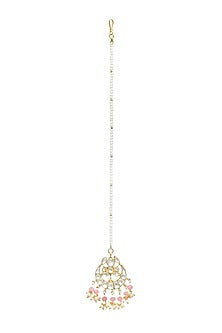Gold Finish Kundan Polki & Pearl Handmade Jadau Maangtikka