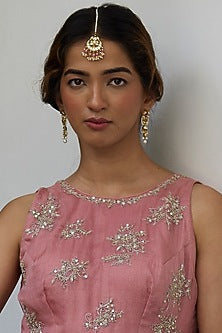 Gold Finish Kundan Polki & Pearl Handmade Jadau Maangtikka