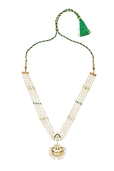 Gold Finish Green Kundan Polki & Pearl Handmade Jadau Long Necklace