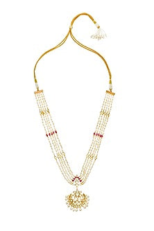 Gold Finish Red Kundan Polki & Pearl Handmade Jadau Long Necklace