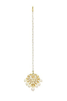 Gold Finish Kundan Polki & Pearl Handmade Jadau Maangtikka