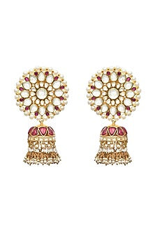 Gold Finish Kundan Polki & Ruby Stone Jadau Jhumka Earrings