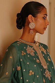 Gold Finish Kundan Polki & Ruby Stone Jadau Jhumka Earrings