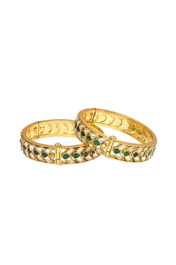 Gold Finish Green Kundan Polki Jadau Openable Bangles (Set Of 2)