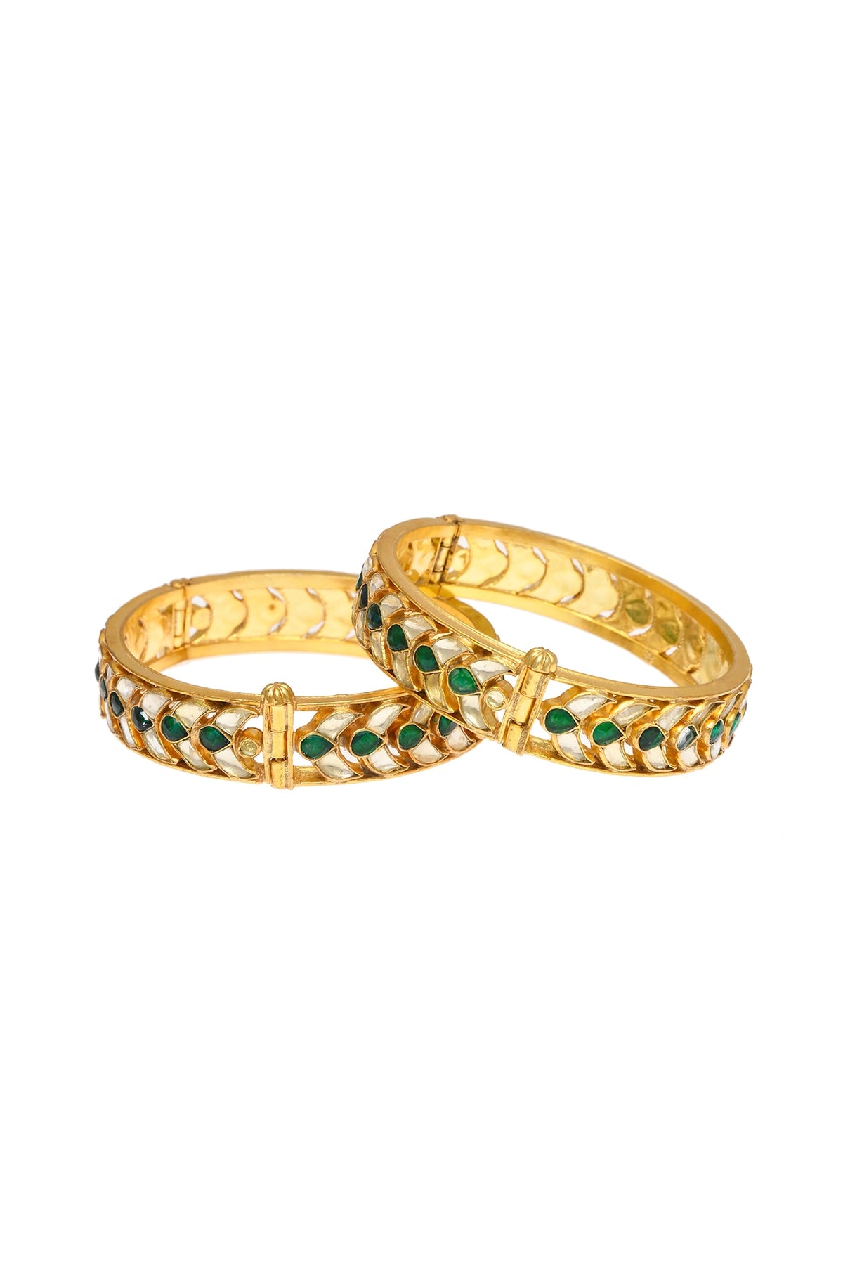 Gold Finish Green Kundan Polki Jadau Openable Bangles (Set Of 2)