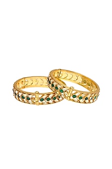 Gold Finish Green Kundan Polki Jadau Openable Bangles (Set Of 2)