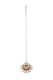 Gold Finish Multi-Colored Kundan Polki Jadau Maangtikka