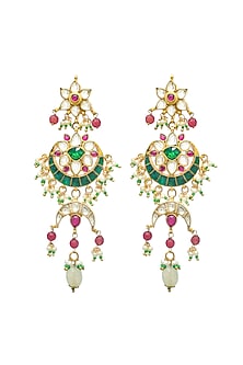Gold Finish Green Kundan Polki Dangler Earrings