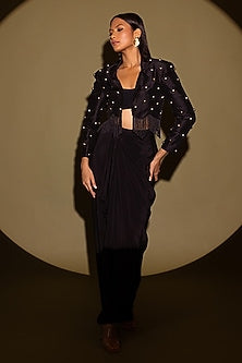 Black Silk Studded Fringe Blazer Set