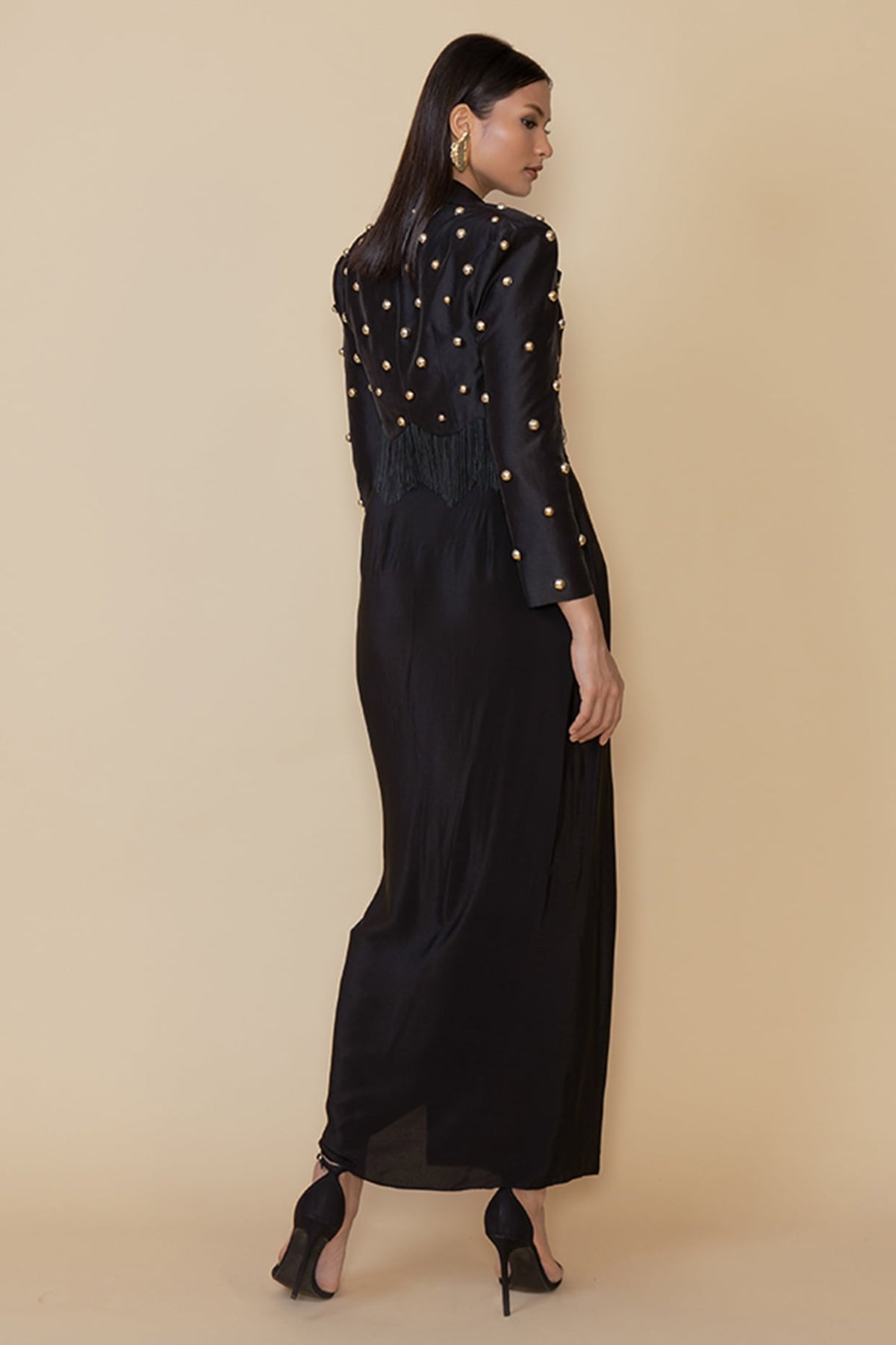 Black Silk Studded Fringe Blazer Set
