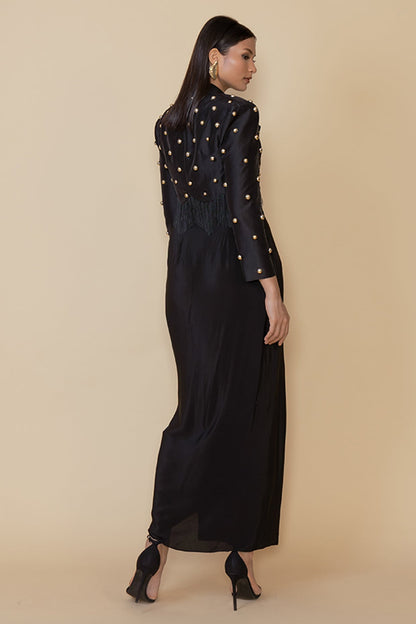 Black Silk Studded Fringe Blazer Set