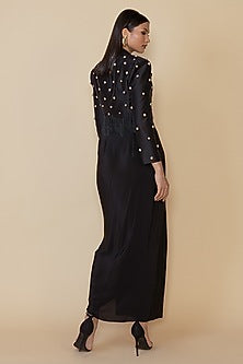 Black Silk Studded Fringe Blazer Set