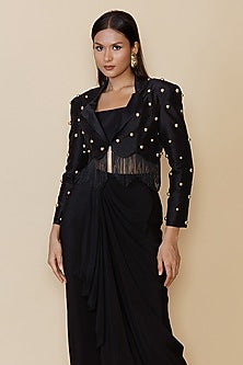 Black Silk Studded Fringe Blazer Set