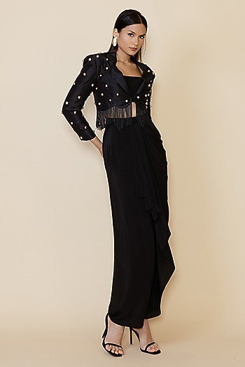Black Silk Studded Fringe Blazer Set