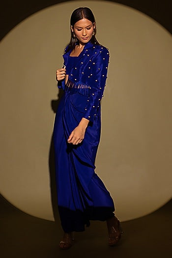 Blue Silk Studded Fringe Blazer Set