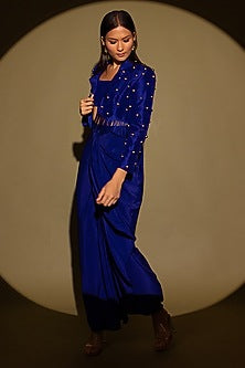 Blue Silk Studded Fringe Blazer Set